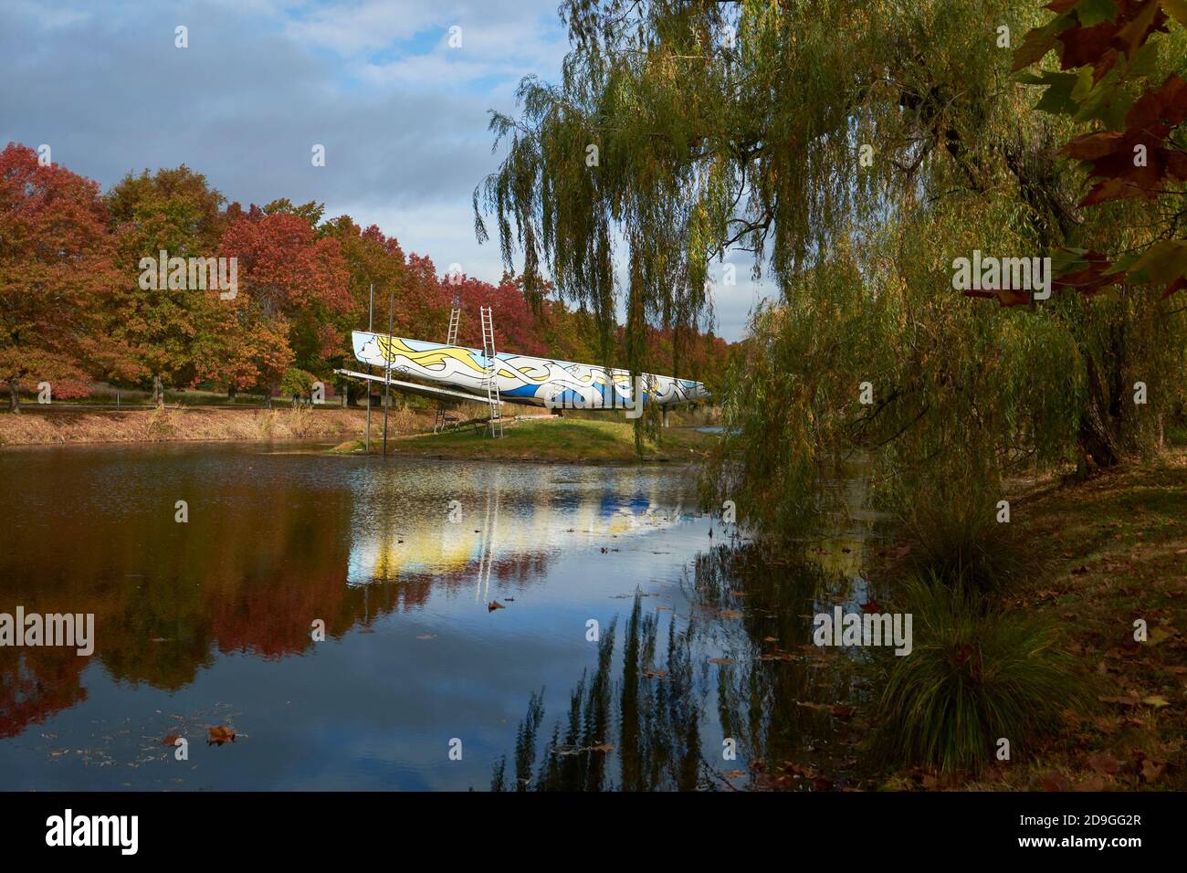 Roy Lichtenstein's painted sailboat, Mermaid. Currently under renovation.  During autumn, peak fall color at Storm King Art Center in New York. Stock Photo