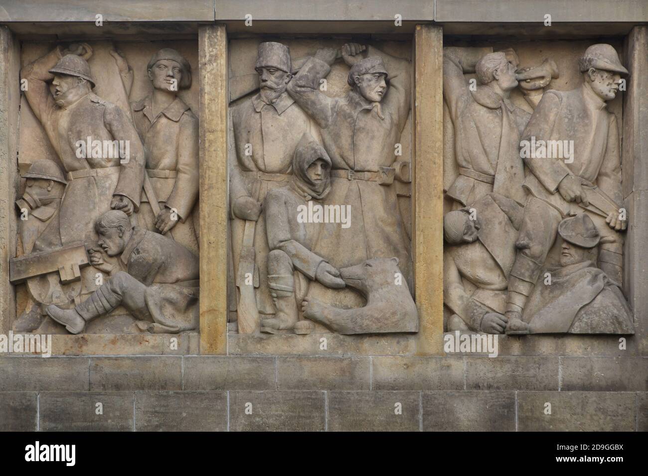 Czechoslovak Legionaries fighting during the First World War depicted in the sandstone relief by Czech sculptor Jan Vávra on the Masaryk's Tower of Independence (Masarykova věž samostatnosti) in Hořice in Eastern Bohemia, Czech Republic. The tower designed by Czech architect František Blažek (1925) was never completed. Czechoslovak Legionaries in France, in Siberia (Russia) and in Italy are depicted from left to right. Stock Photo