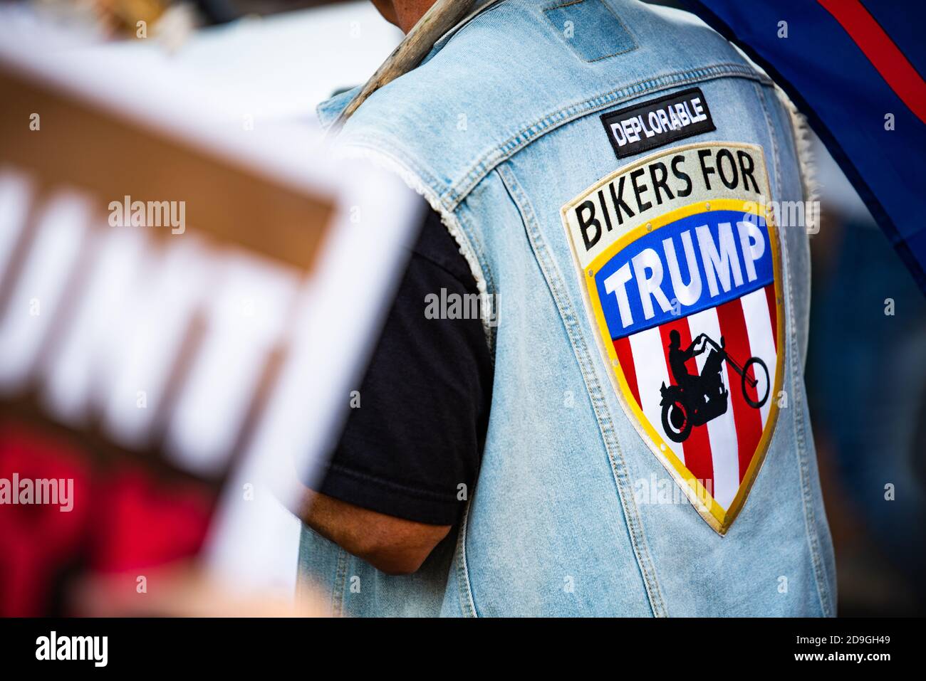 Philadelphia, USA. 5th November, 2020. A man wearing a Bikers for Trump jacket at the Philadelphia Convention Center. Two days after the Presidential election, Donald Trump sued several states to stop counting legally cast ballots in States that lean towards Joe Biden. Credit: Chris Baker Evens. Stock Photo