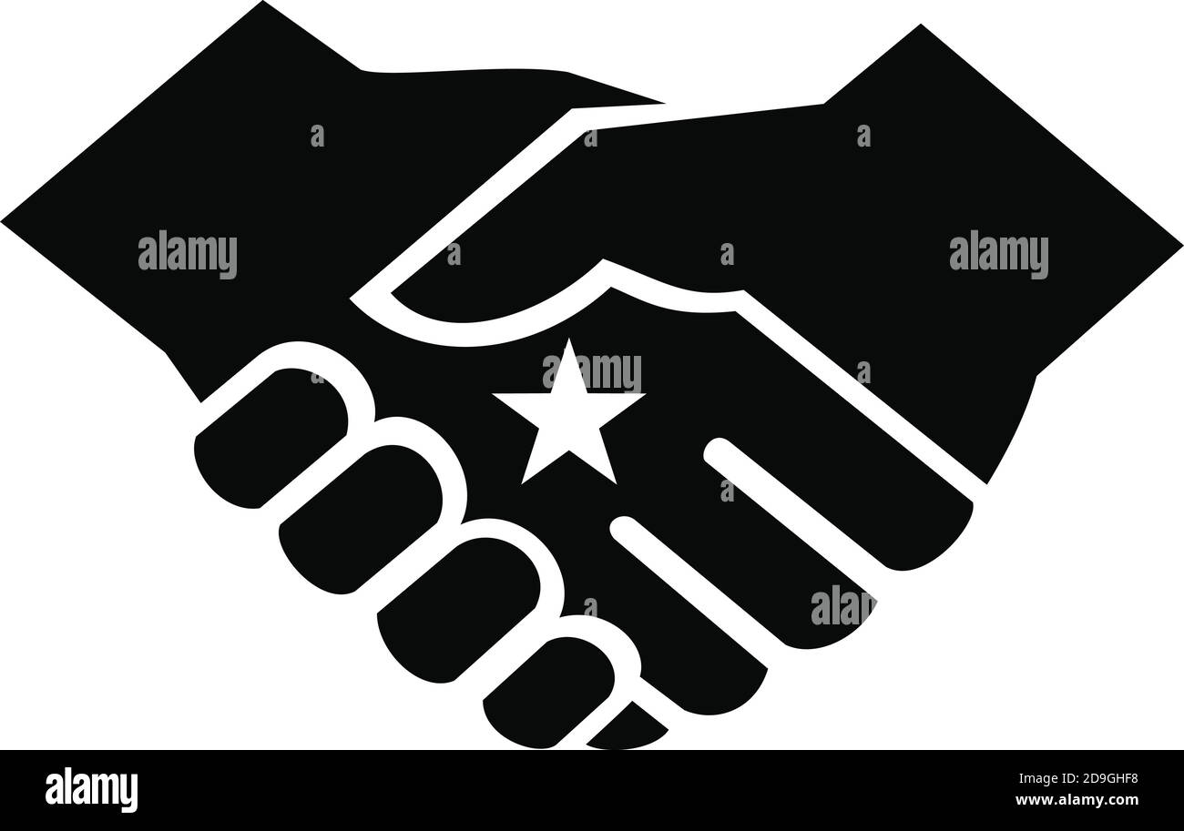 Retro style illustration of two hands in a firm business handshake with star in the center on isolated background done in black and white. Stock Vector