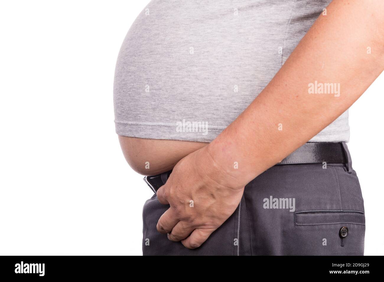 Close-up of man on t-shirt with protruded big belly Stock Photo