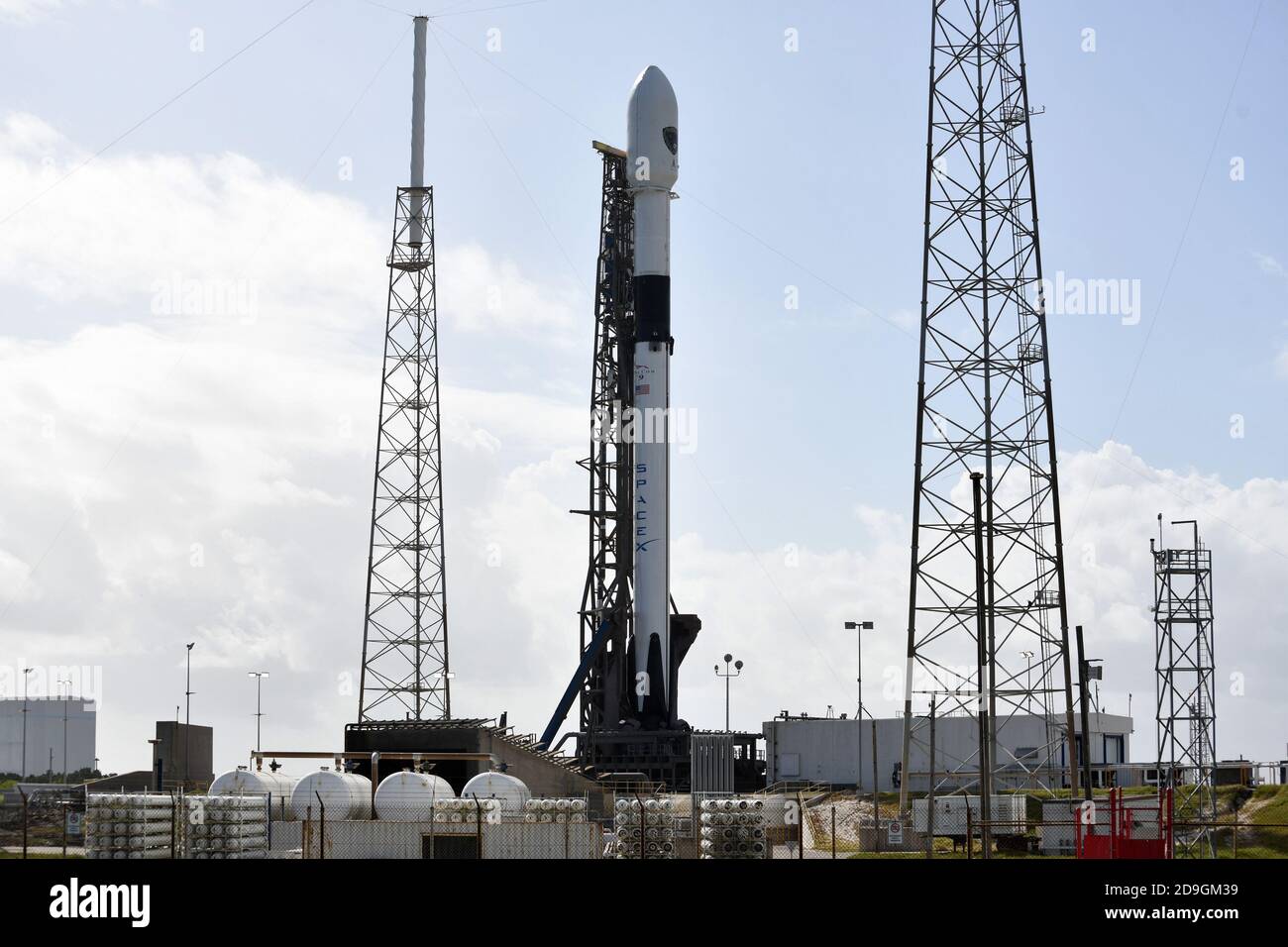 Kennedy Space Center, United States. 05th Nov, 2020. A SpaceX Falcon 9 rocket is being prepared for launch from Complex 40 at the Cape Canaveral Air Force Station, Florida on Thursday, November 5, 2020. Falcon will boost a Global Positioning System satellite for the US Space Force. Photo by Joe Marino/UPI Credit: UPI/Alamy Live News Stock Photo