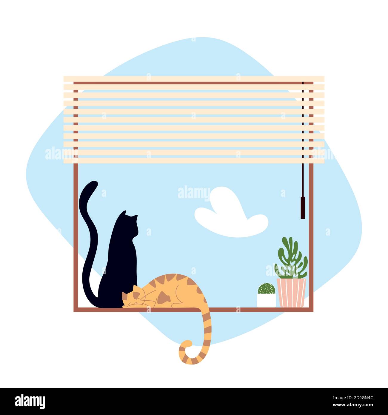 cats sitting on window with blinds and potted plant vector illustration