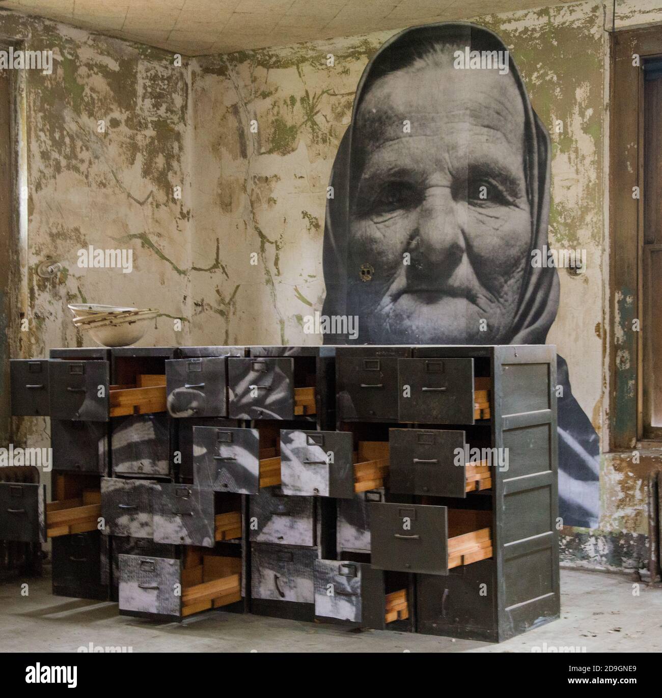 JR's installation features huge photographs of immigrants, doctors, and