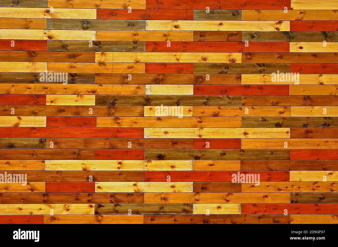 Panelled wall created with rustic, knotted wooden slats in an array of autumnal colours. Stock Photo