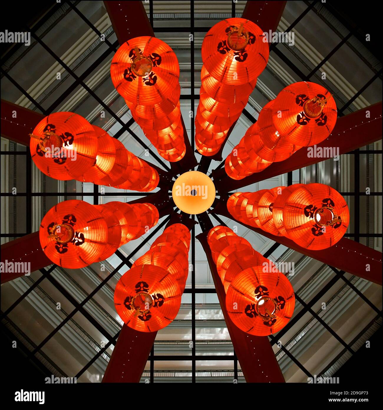 Columns of suspended red Chinese lanterns in preparation for the ...