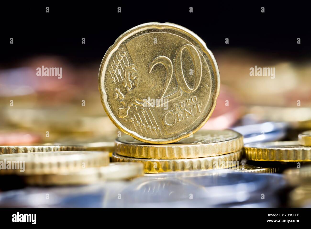 coins of different denominations close-up including 20 euros cents, foreign currency Stock Photo