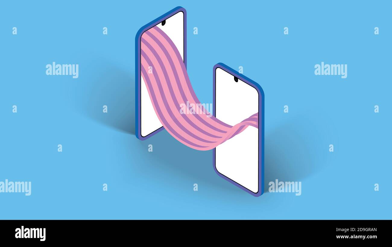 Two mobile phones with blank screen and with a 3D waves of pink and purple between them. Solid, blue background. Stock Vector
