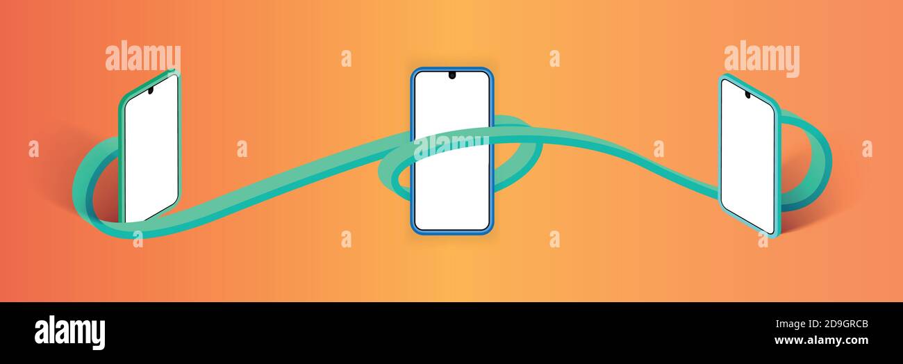 Three mobile phone representations with blank screen and different angles. On a orange yellow gradient background. Stock Vector