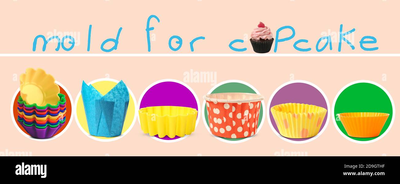 Different molds for cupcakes on color background Stock Photo