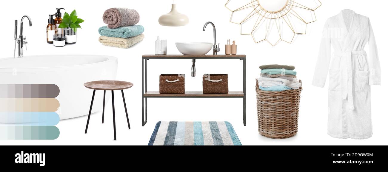 Collage with different elements of modern bathroom interior on white ...
