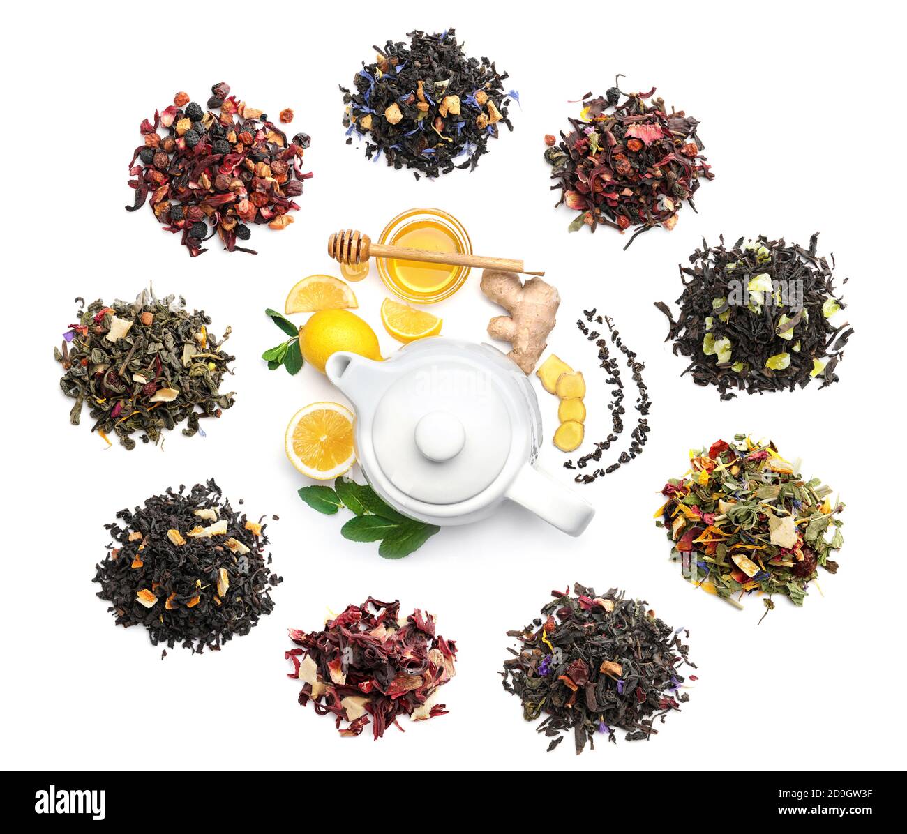 Composition with different types of fruit tea on white background Stock