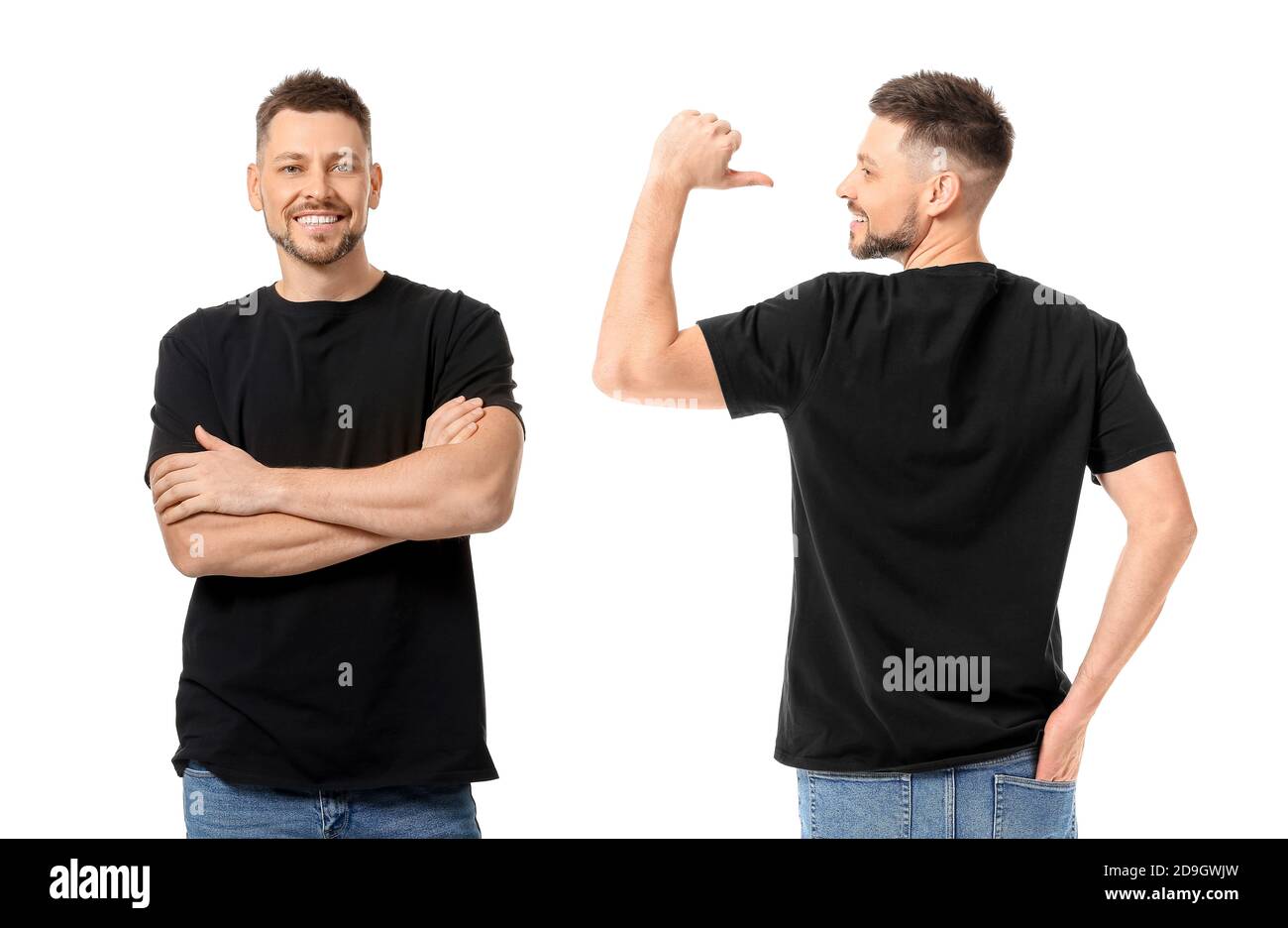 Man in stylish t-shirt on white background. Front and back view Stock ...
