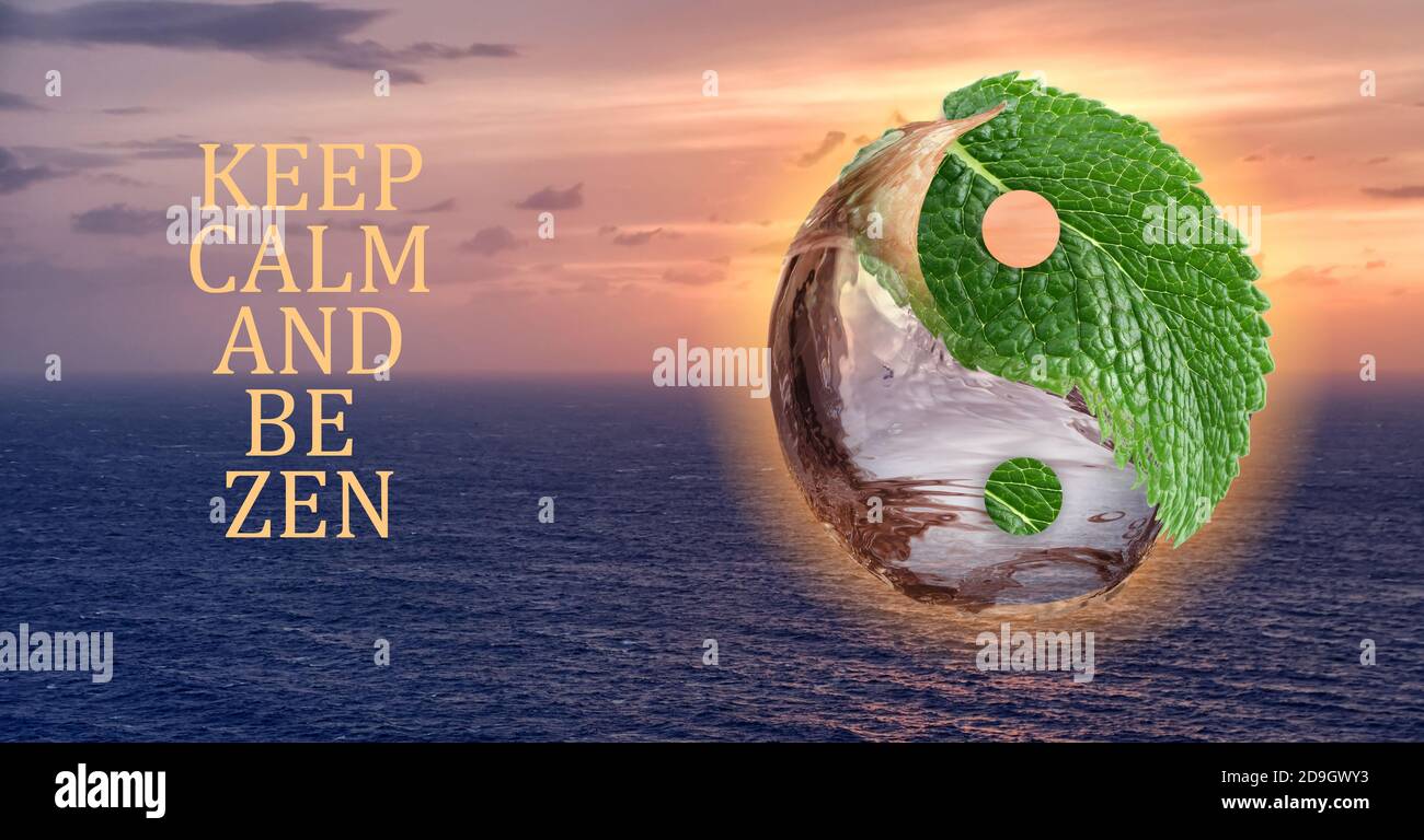 Yin-yang symbol and text KEEP CALM AND BE ZEN against beautiful sea at sunset Stock Photo