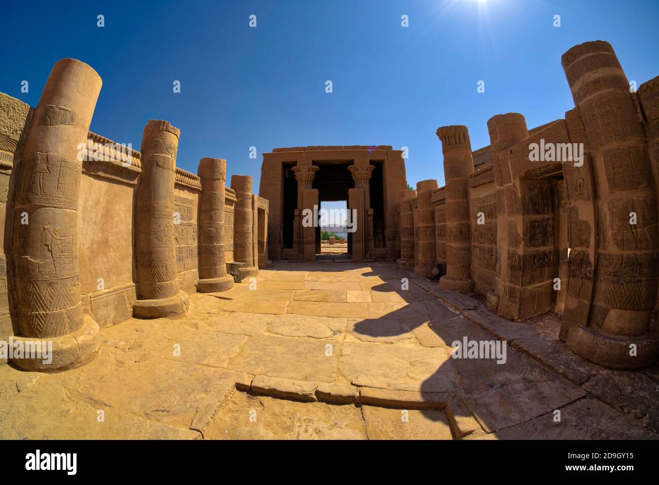 The building work in the Temple of Isis proper at Philae, now located on the island of Agilika, is overwhelmingly Ptolemaic and forms part of the Ptol Stock Photo