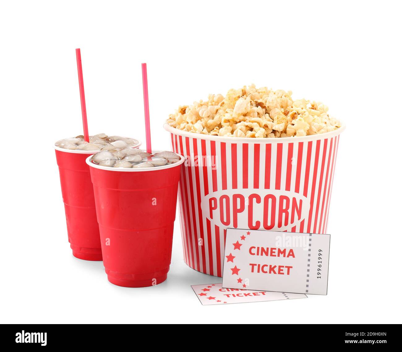 Tasty popcorn, cola and cinema tickets on white background Stock Photo