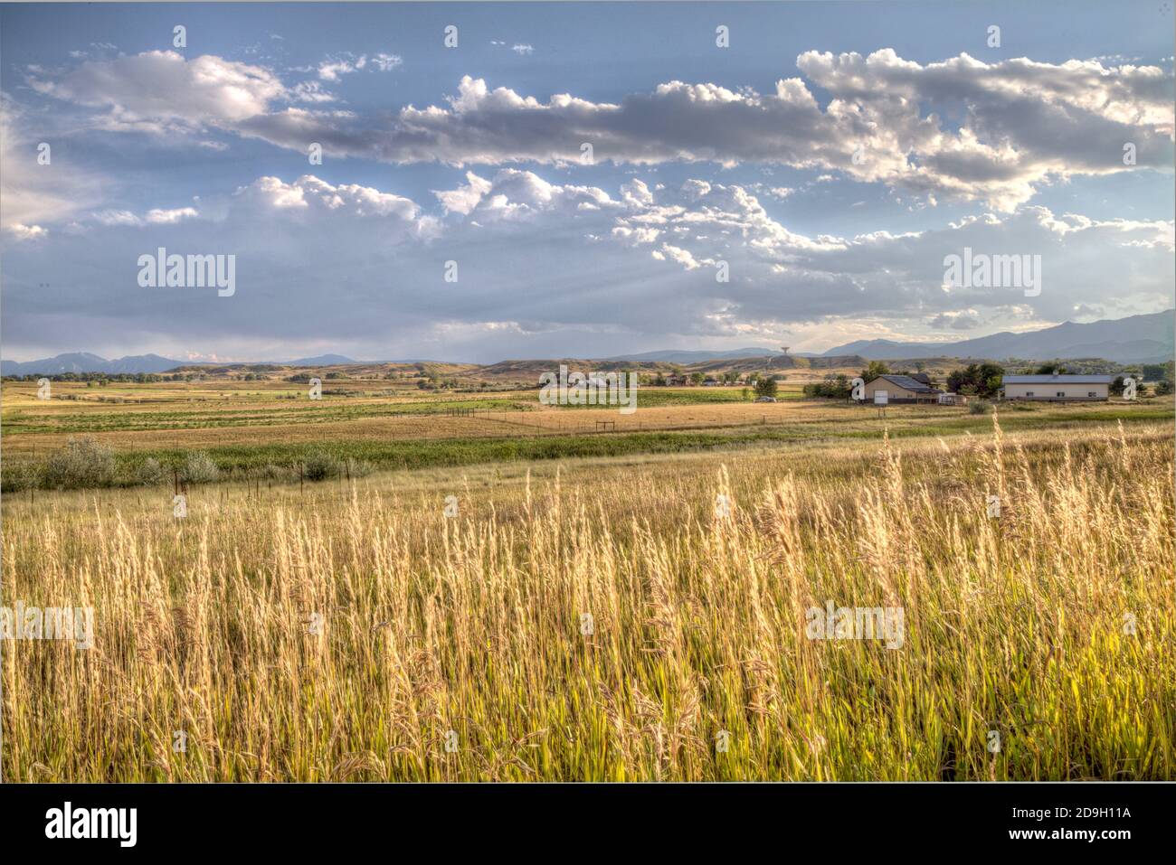 Farmland near the foothills on the eastern side of the Colorado Rocky Mountains. Stock Photo