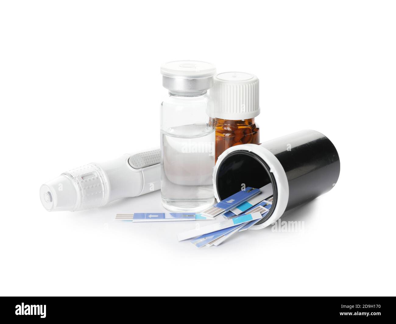 Bottle of insulin, test strips for glucometer and lancet pen on white background. Diabetes concept Stock Photo