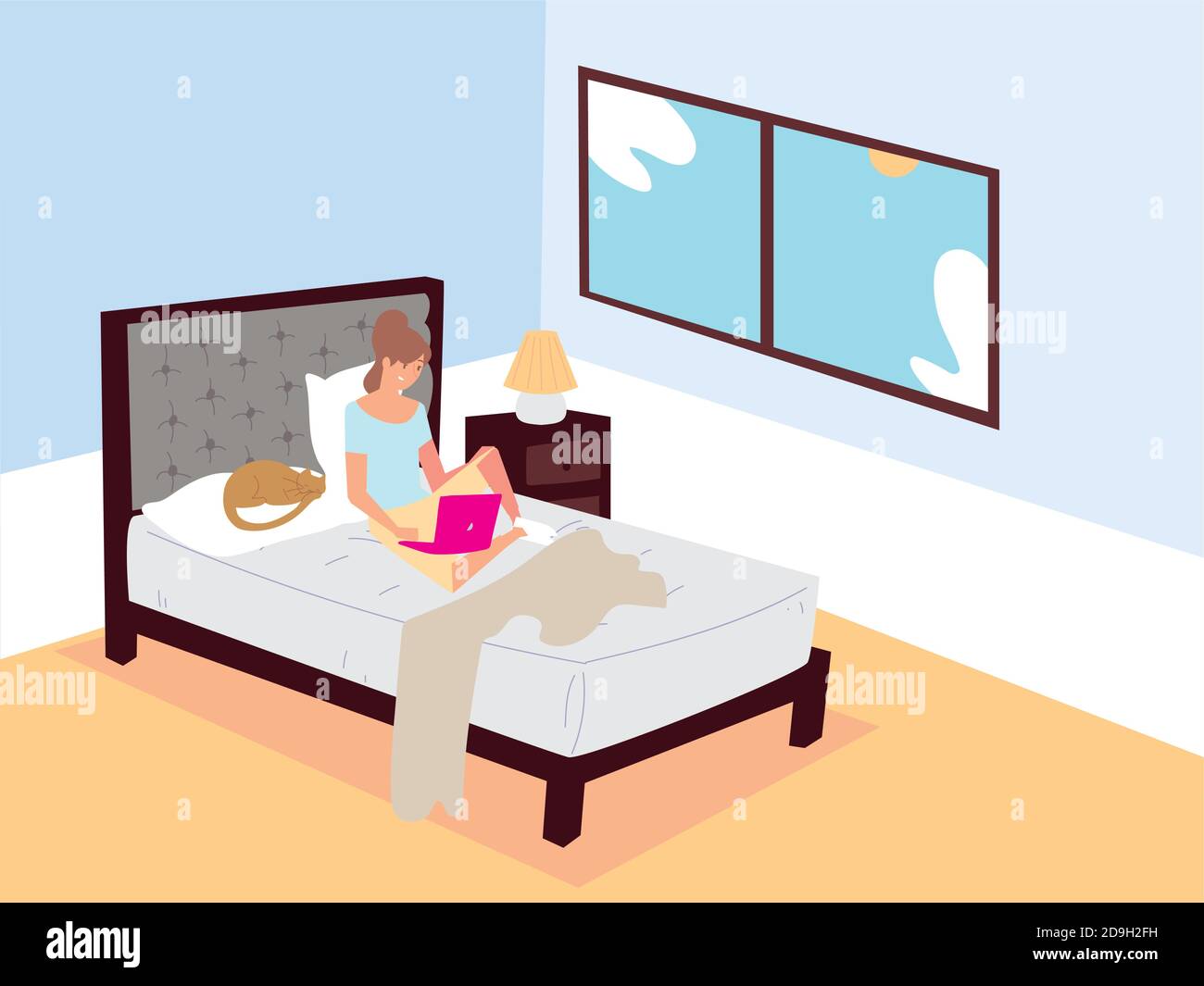 woman sitting on bed with laptop and working remotely at home vector ...