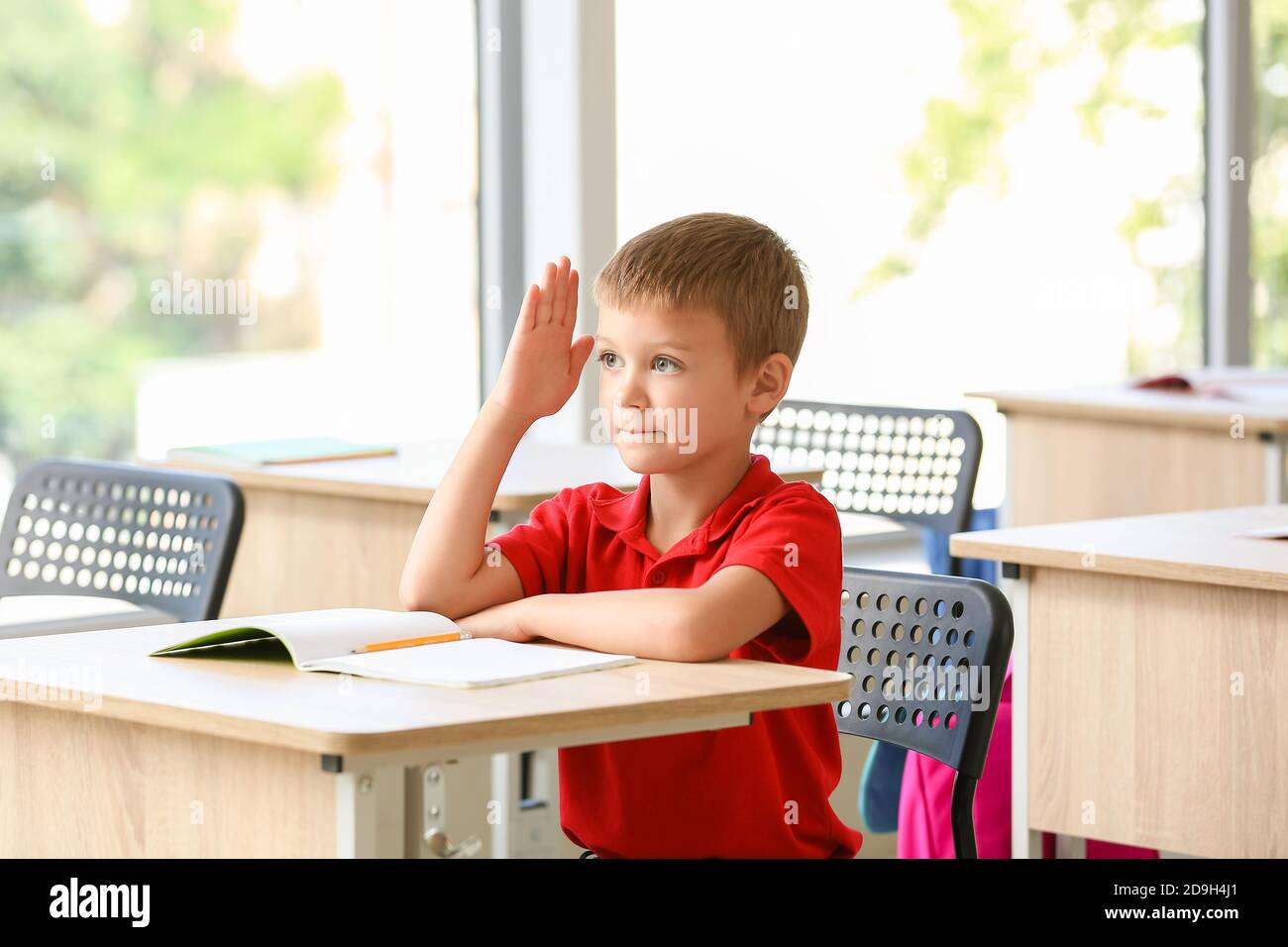 Cute schoolboy during lesson in classroom Stock Photo - Alamy