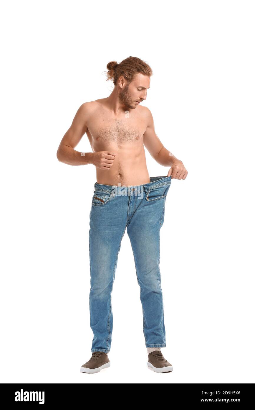 Man with sudden weight loss problem on white background. Diabetes