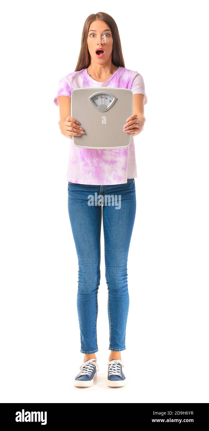 Woman with sudden weight loss problem on white background. Diabetes