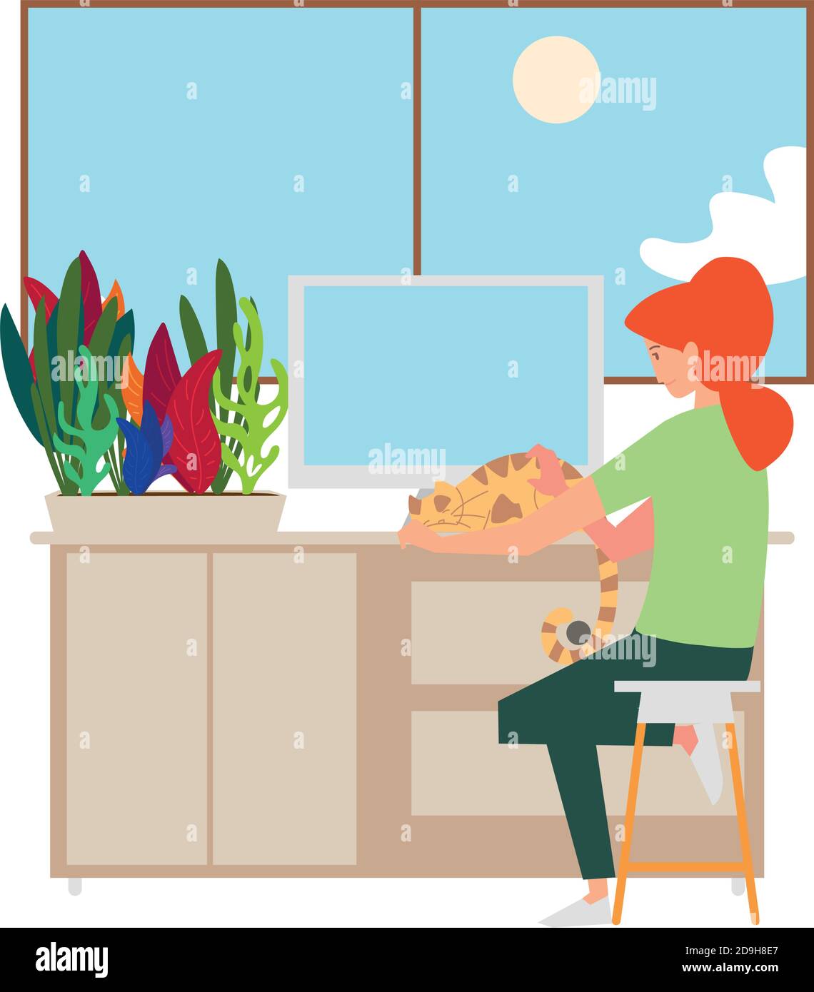 young woman working with computer and cat in desk vector illustration ...