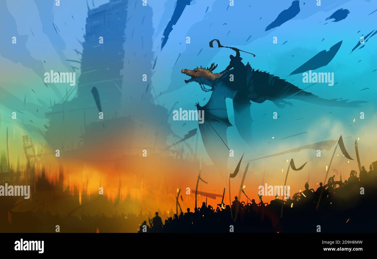 Digital art painting design style wizard riding dragon above war. Stock Photo