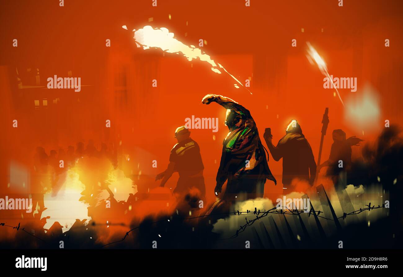 Digital illustration painting design style People's insurgents, against ruined city. Stock Photo
