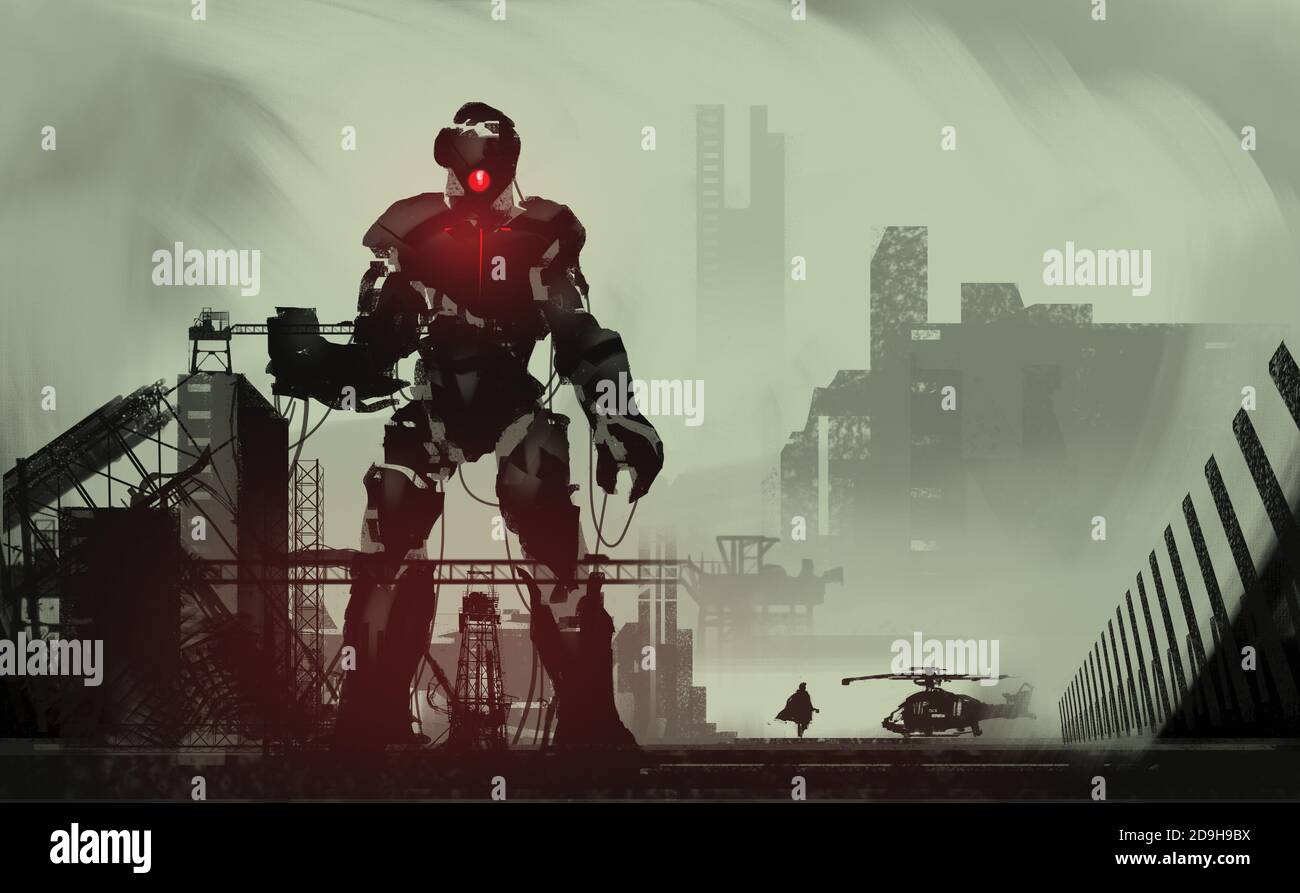 Digital illustration painting design style a giant robot repairing in  abandoned dock, against abandoned city Stock Photo - Alamy