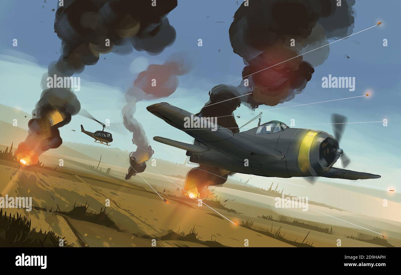 Digital illustration painting design style helicopter shooting to airplane over  Asia's paddy , aircraft war. Stock Photo