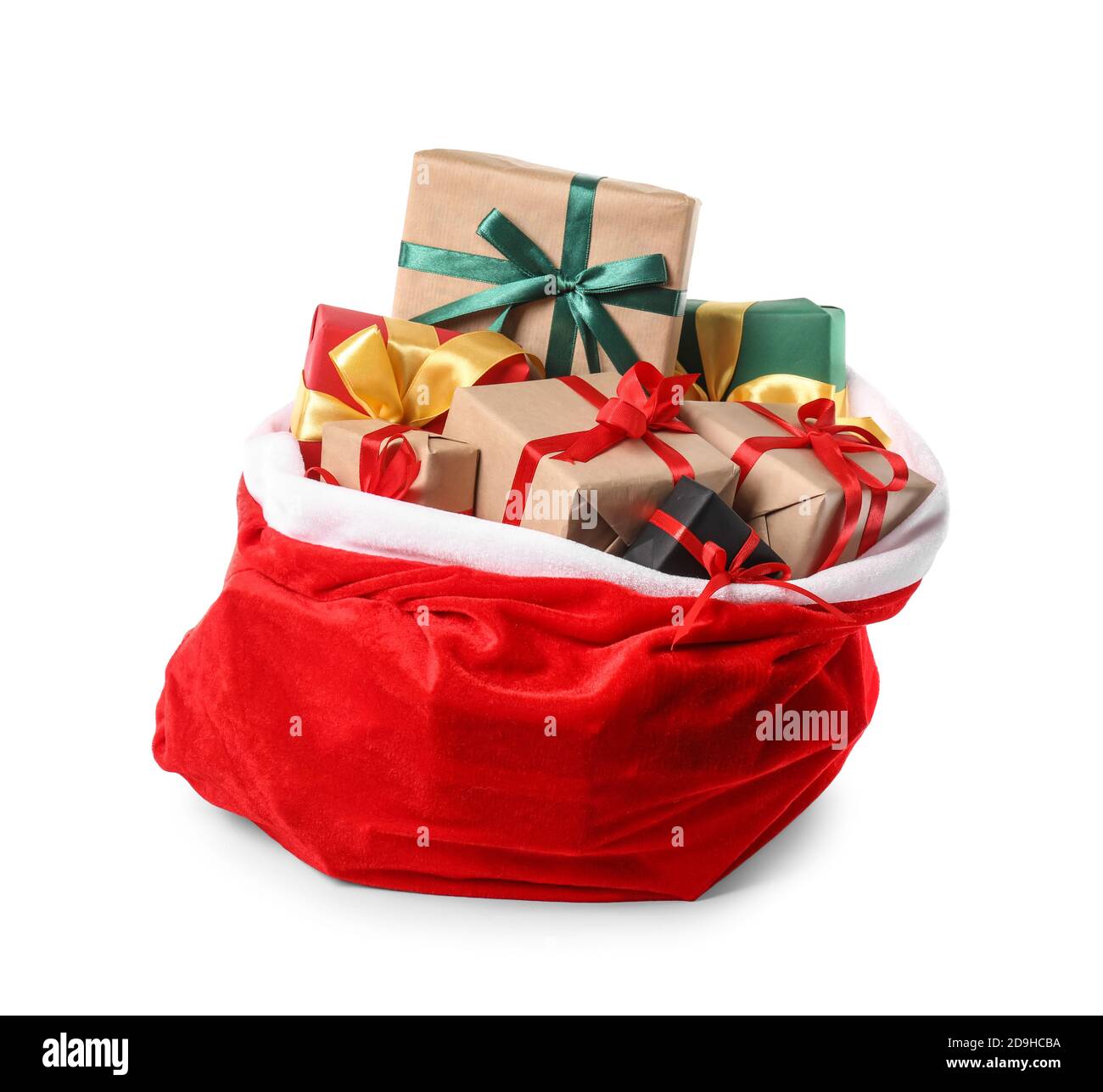 Santa Claus bag full of gifts on white background Stock Photo - Alamy