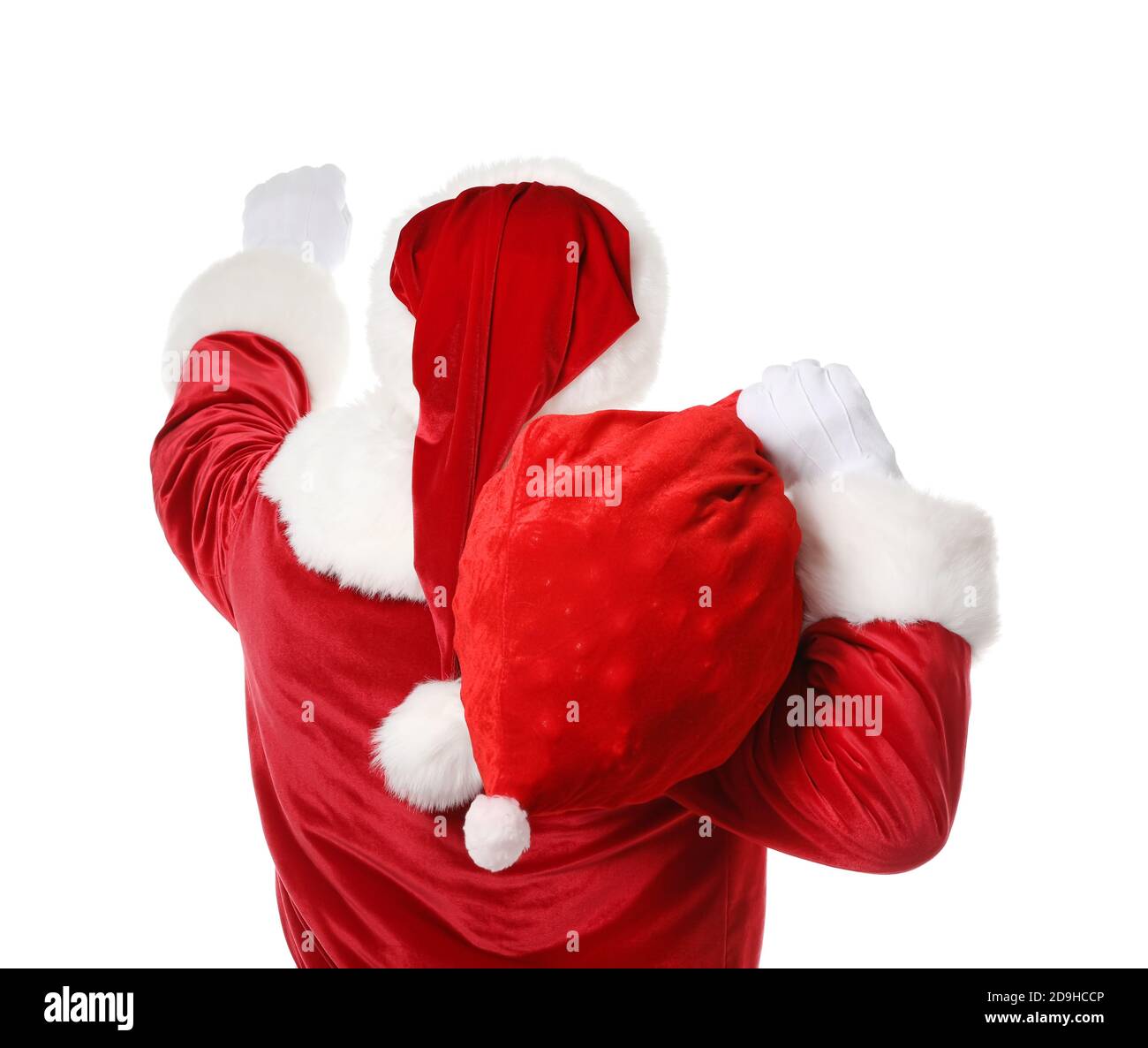 Santa Claus with bag on white background, back view Stock Photo - Alamy