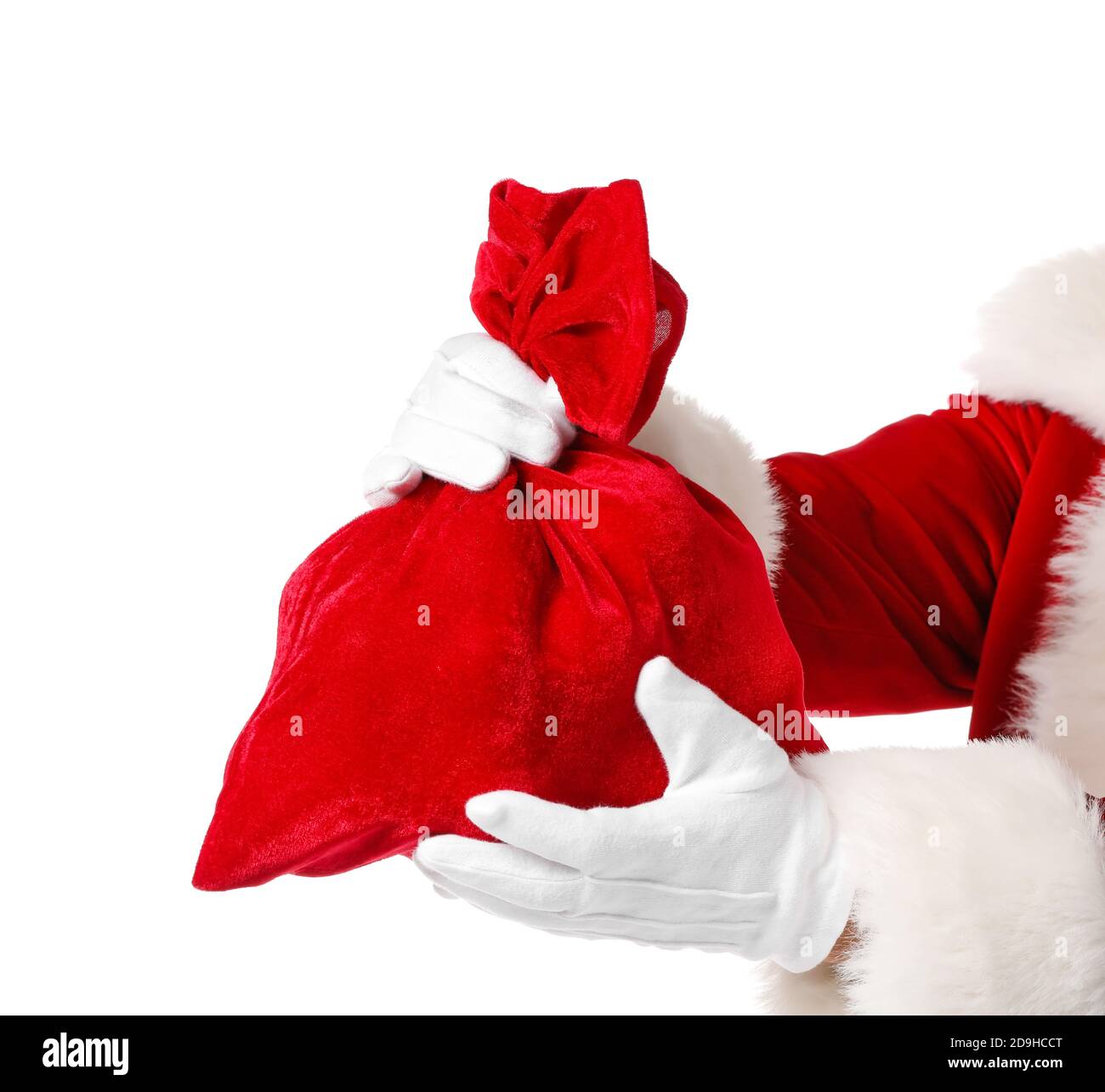 Hands of Santa Claus with bag on white background Stock Photo - Alamy