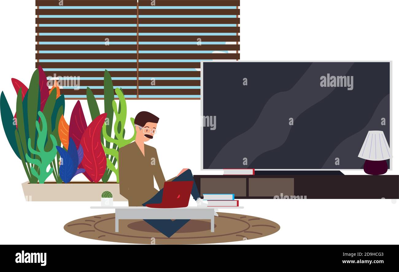 Living Computer Drawings man working in living room with computer on table vector illustration ...