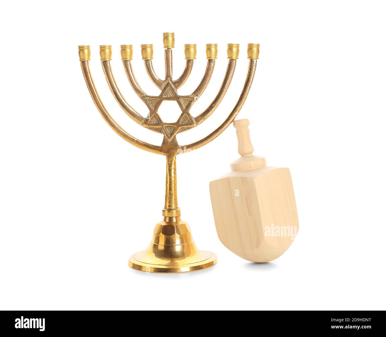 Menorah and dreidel for Hanukkah on white background Stock Photo Alamy