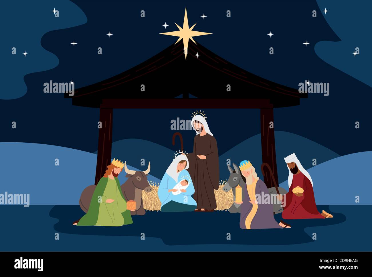 nativity, manger scene holy family wise kings ox donkey in the night