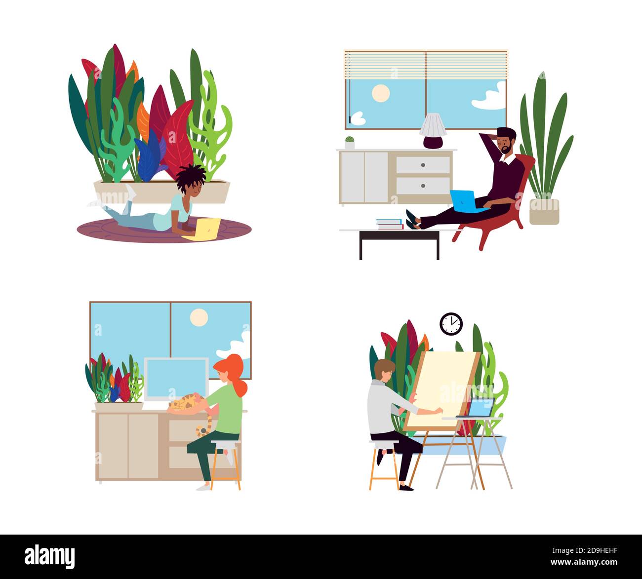 People Working Online From Home In Different Rooms And Locations Vector Illustration Stock Vector Image Art Alamy