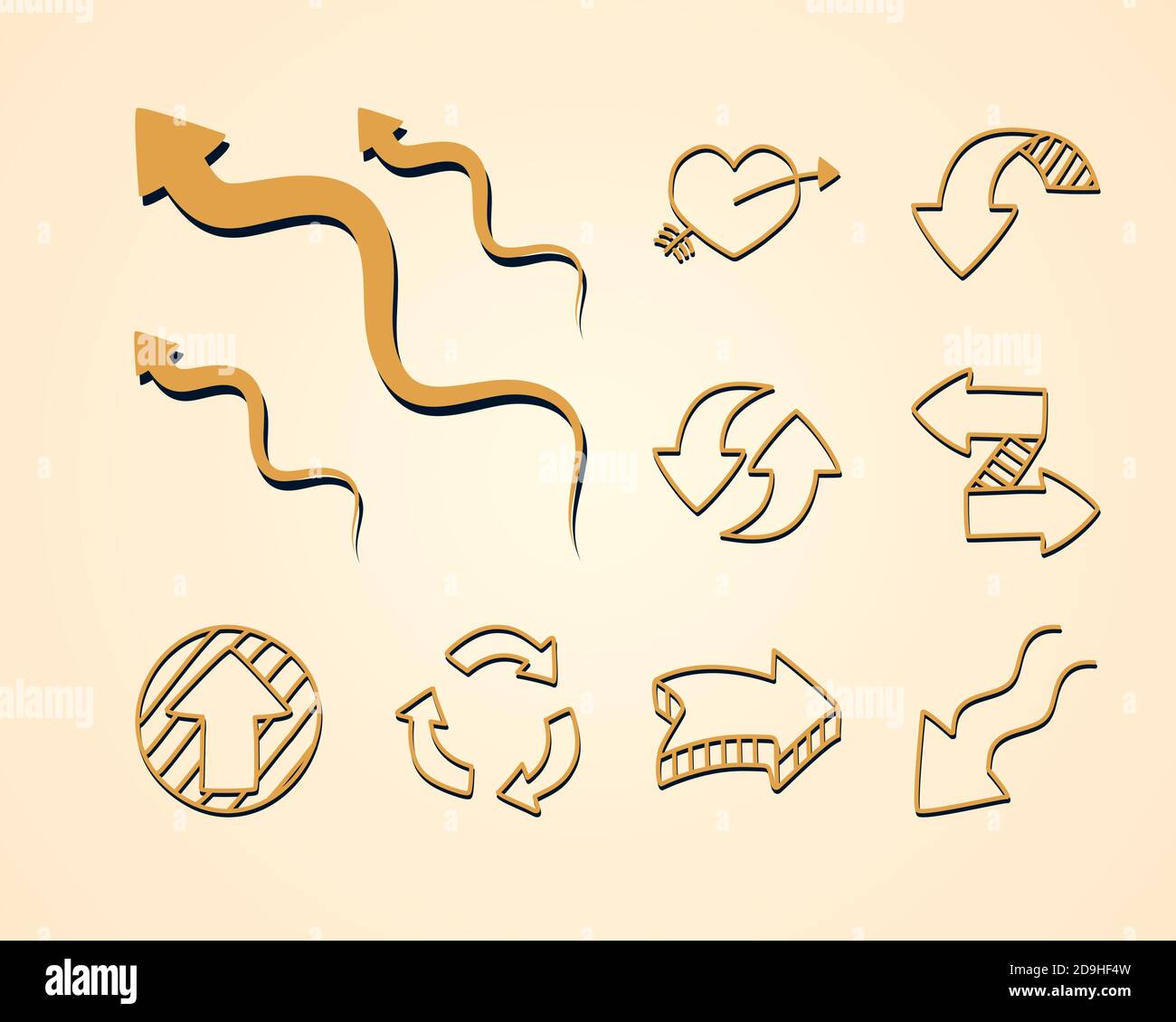 arrowed heart and arrows icon set over brown background, vector ...