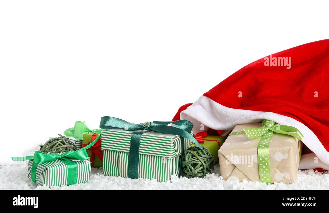 Santa bag with gifts on white background Stock Photo - Alamy