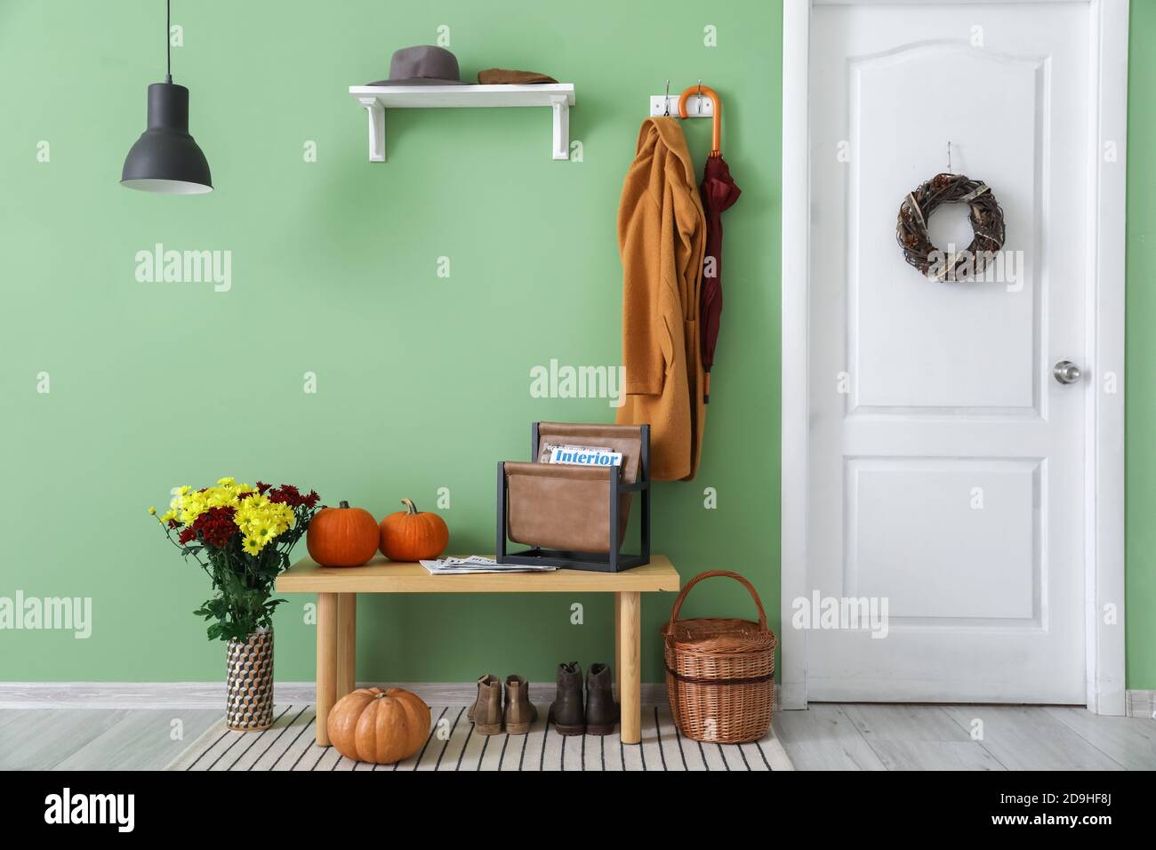 Stylish interior of modern hall with autumn decor Stock Photo - Alamy