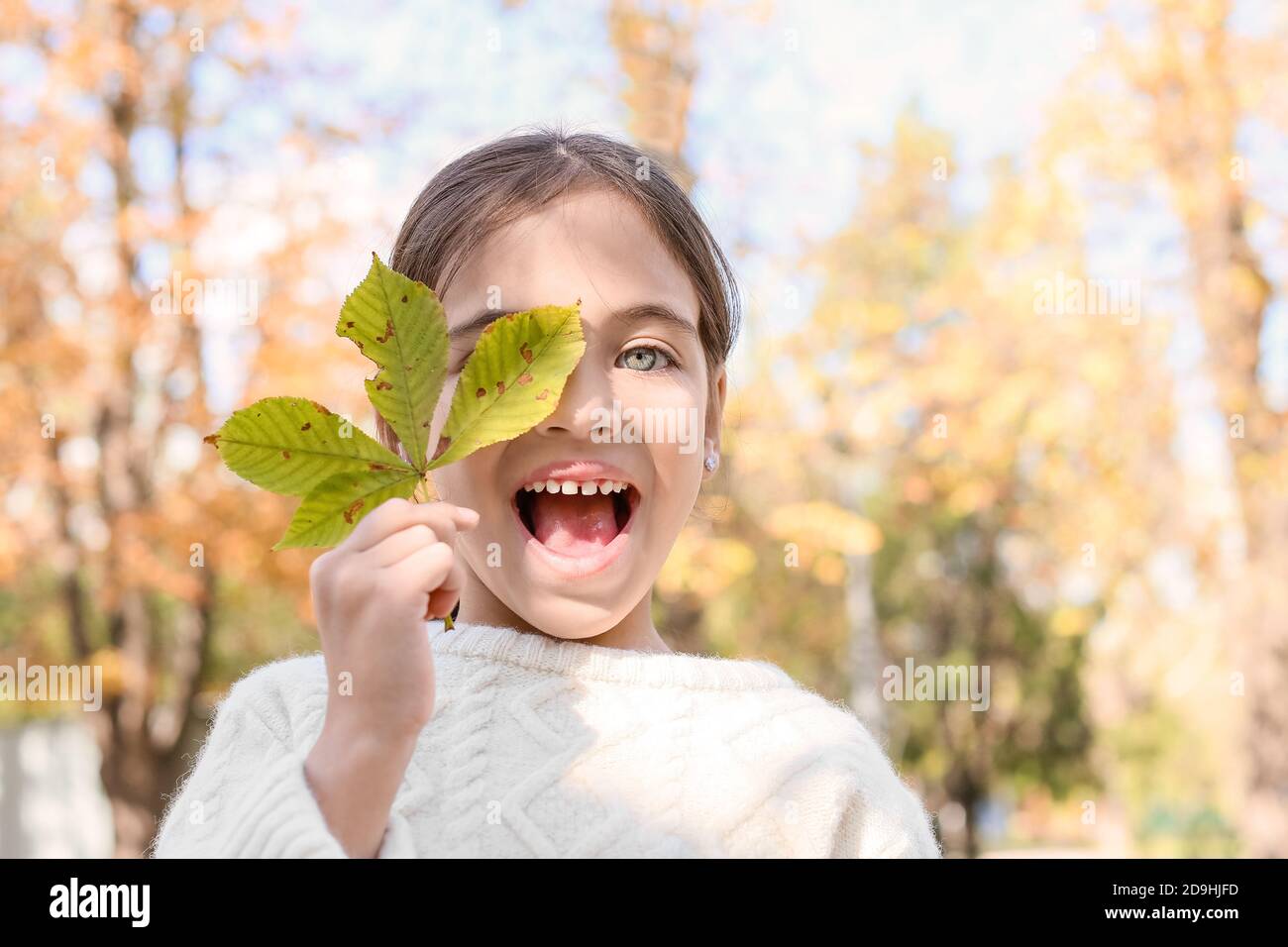 Cute little girl in autumn park Stock Photo - Alamy