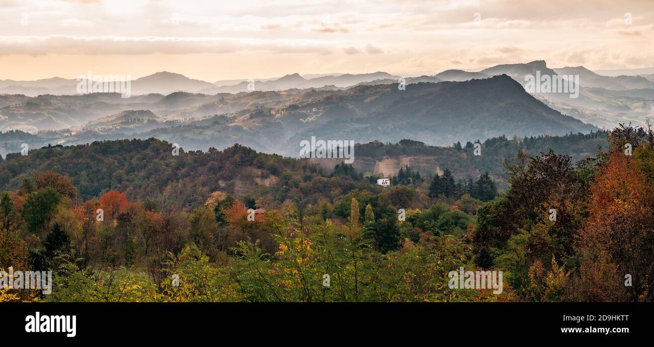 Autumnal morning on the hills in the countryside of Bologna. Panoramic landscape. Sasso Marconi, bologna Province, Emilia and  Romagna, Italy. Stock Photo