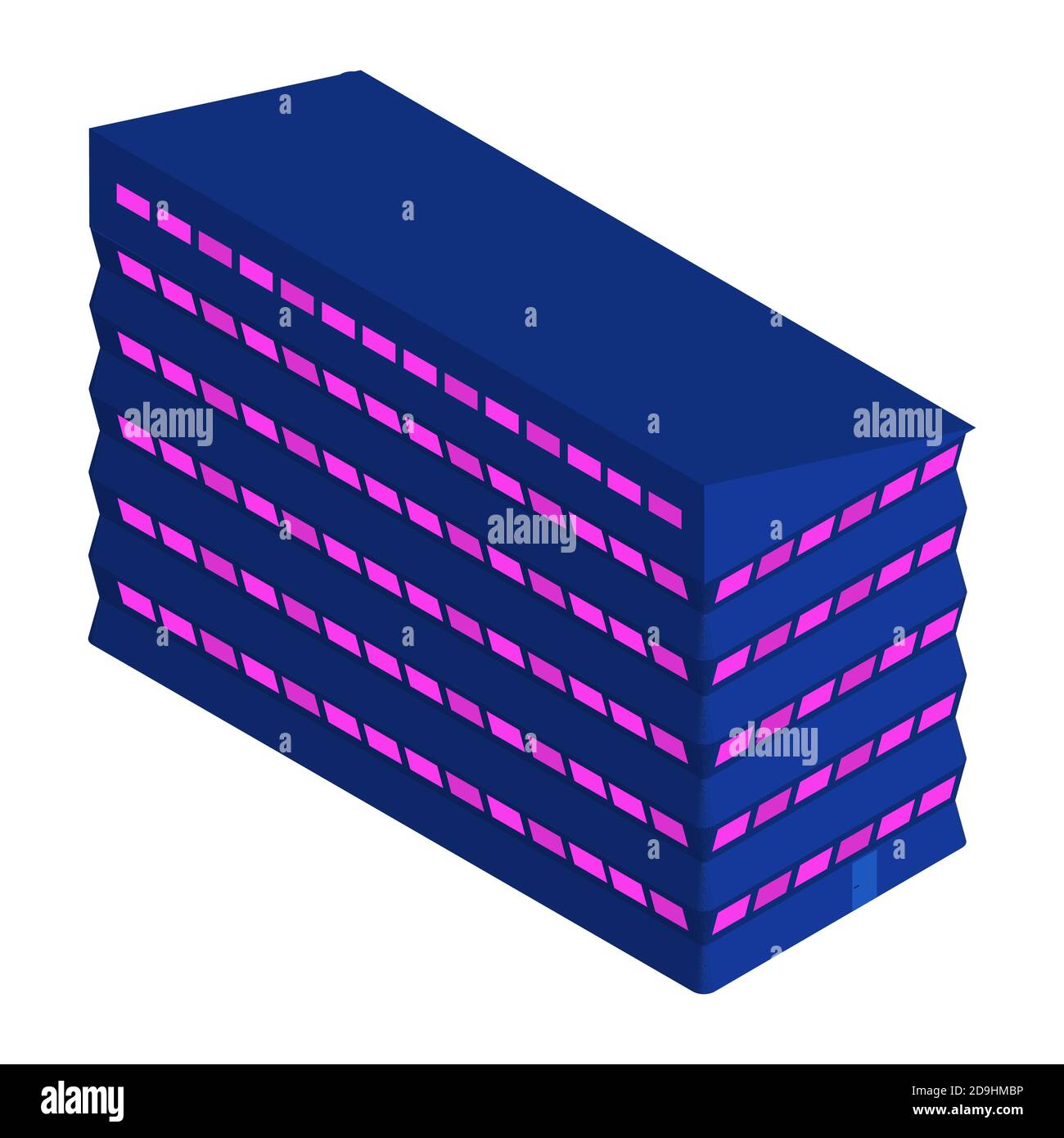 Isometric office building isolated on white. Blue house with purple windows. Vector EPS10. Stock Vector