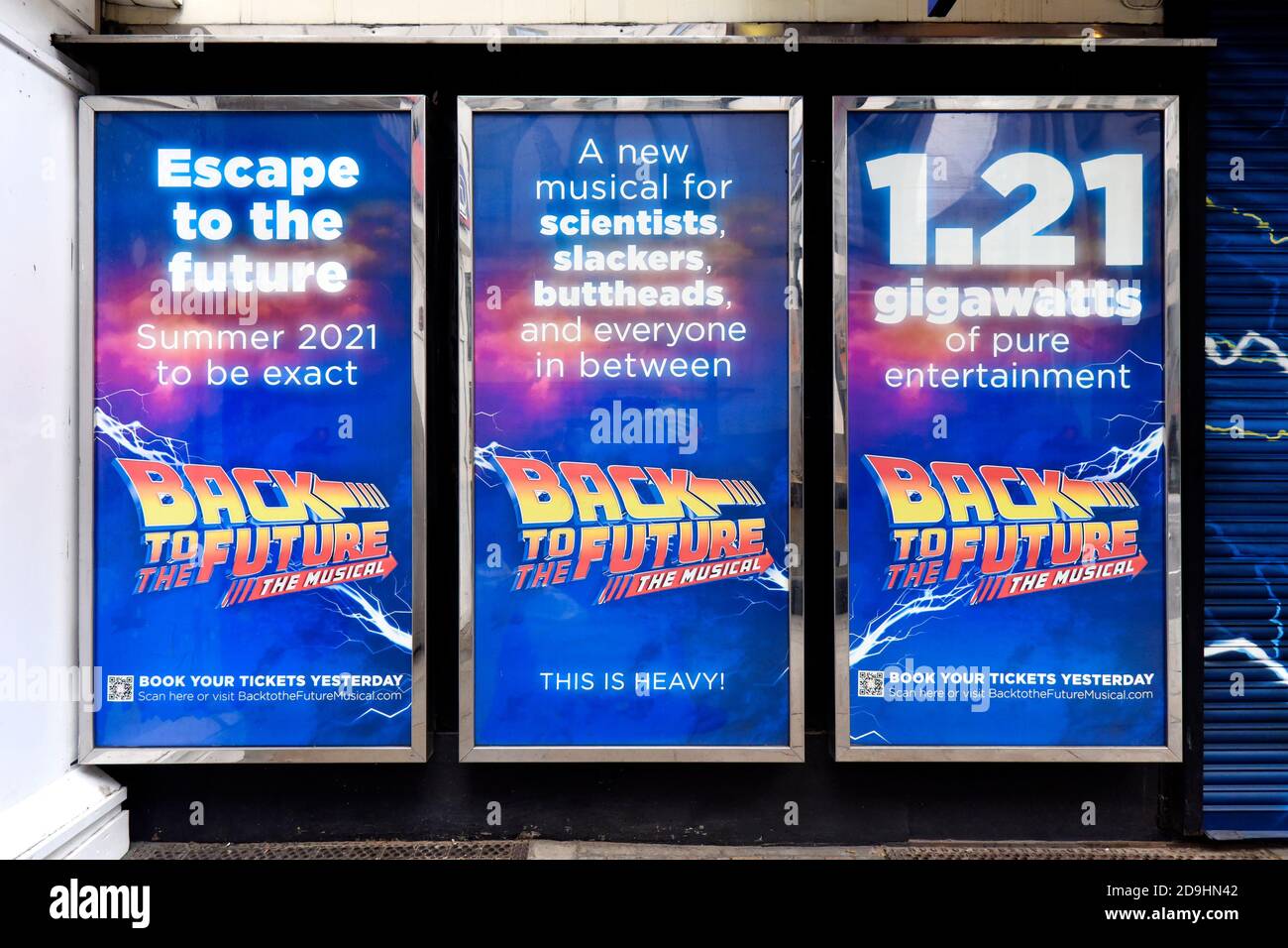 London, UK. 05th Nov, 2020. Signs on the Adelphi Theatre in London for the Back to the Future musical which is due to run from the Summer of 2021 Credit: SOPA Images Limited/Alamy Live News Stock Photo