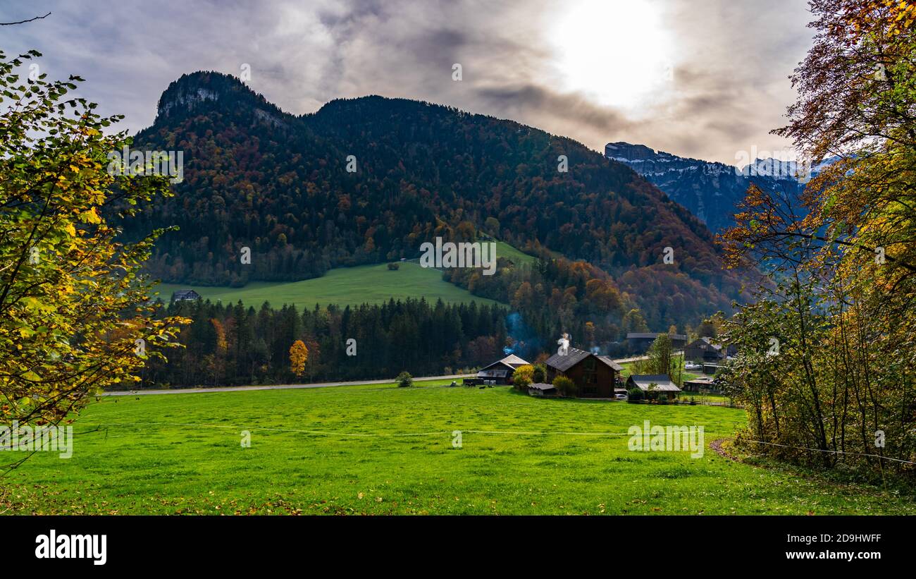 Blick aus dem Herbstwald auf Meltau im Bregenzerwald mit dem Hausberg Gopf im Hintergrund. Ein Bauernhof steht auf der Wiese. autumn view of farmhouse Stock Photo