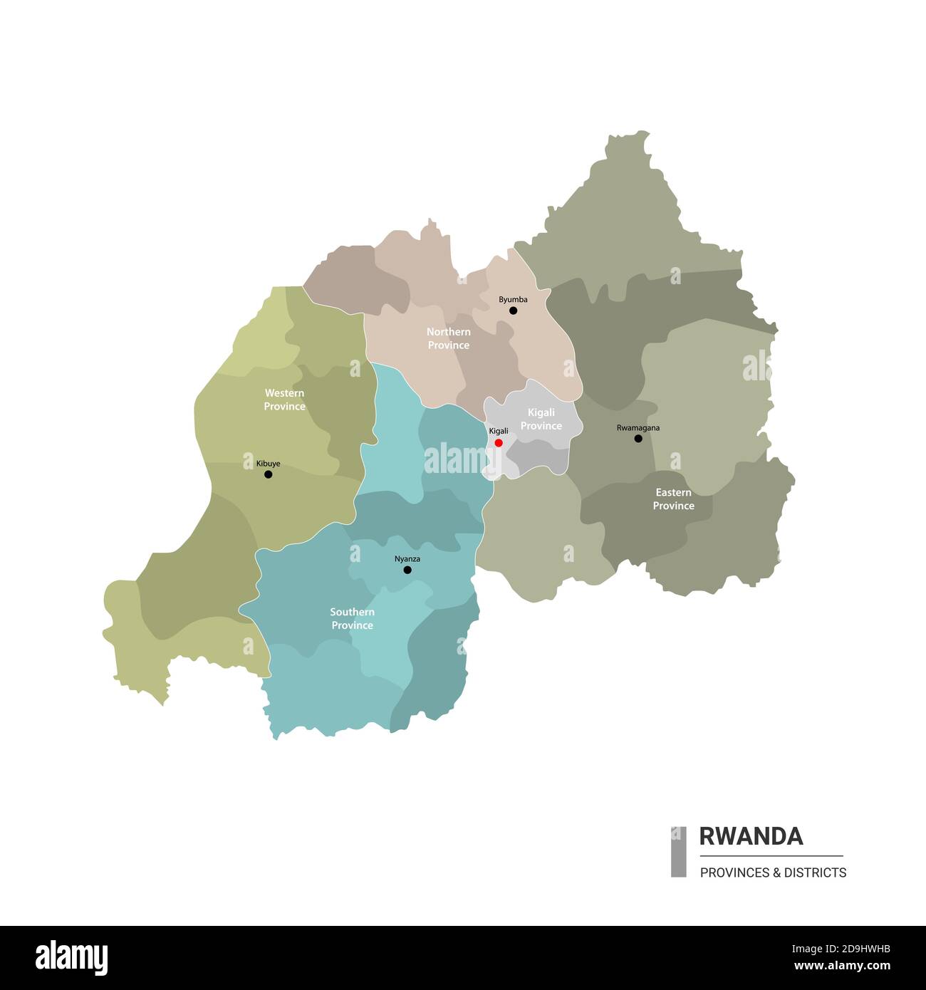 Rwanda higt detailed map with subdivisions. Administrative map of Rwanda with districts and cities name, colored by states and administrative district Stock Vector