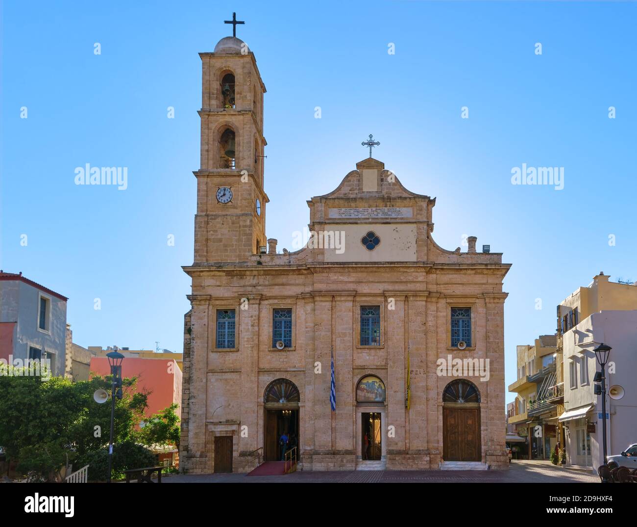 Church and Greek Orthodox cathedral of presentation of the Virgin Mary in Chania, Crete, Greece in early morning. Frontal shot of facade. Stock Photo
