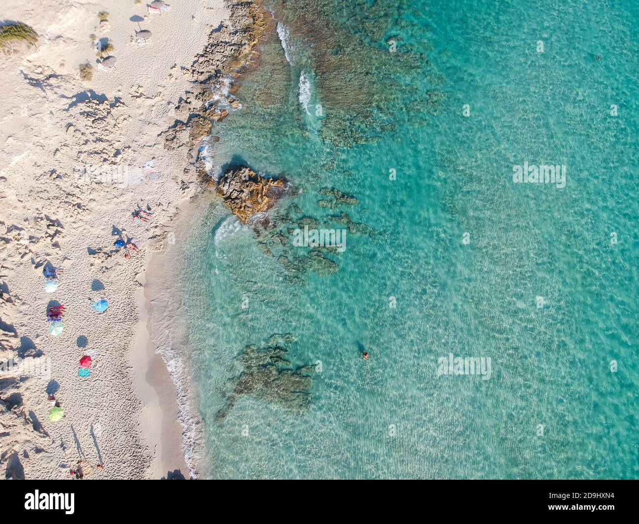 Aerial view with drone of the sea coast. Formentera island, Spain. Stock Photo