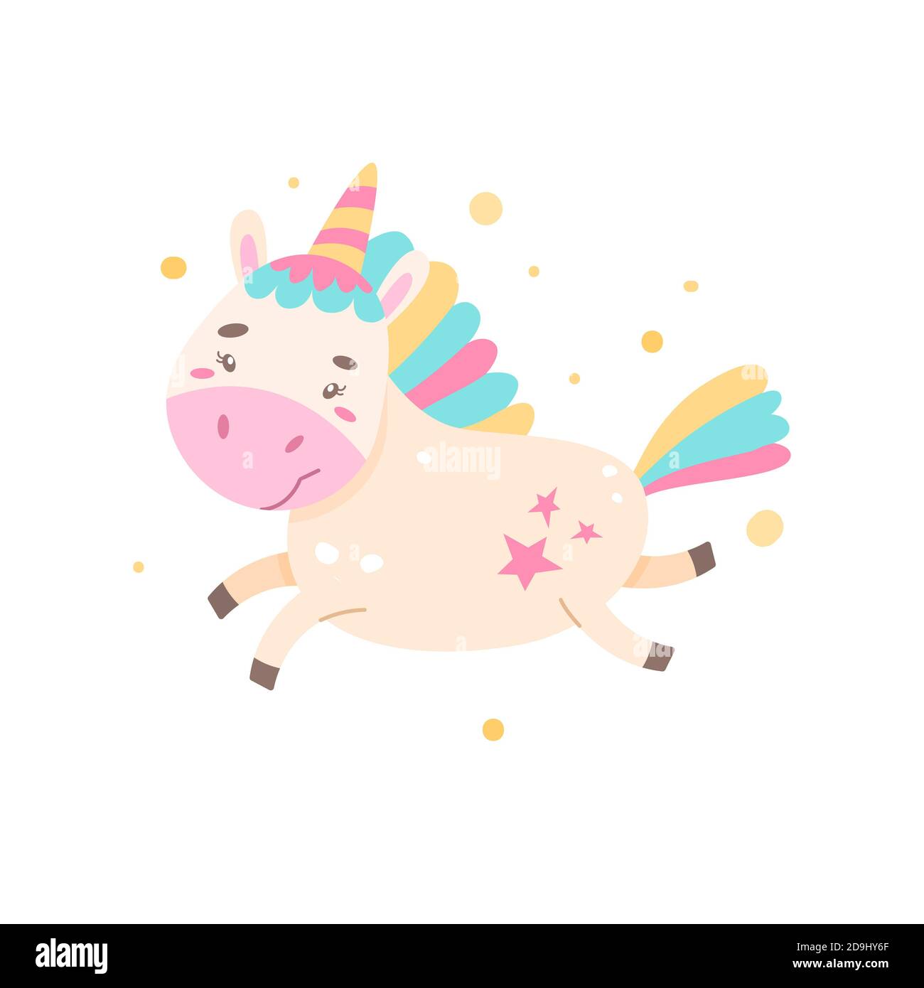 Cheerful rainbow unicorn is running. Simple illustration on an isolated background. Can be used as a design for stationery, clothing prints. Stock Photo